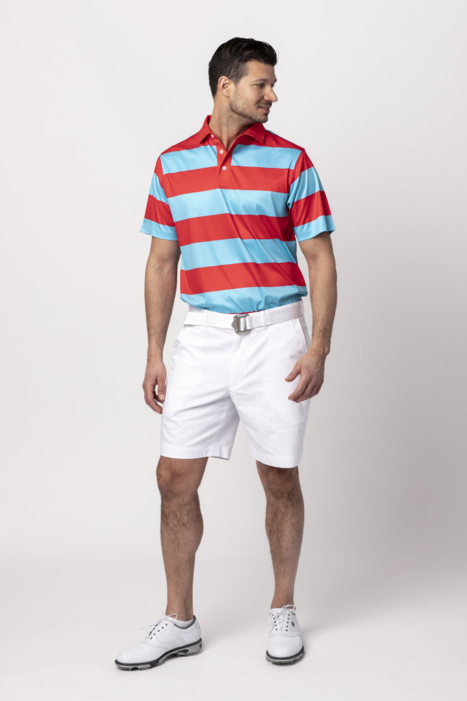 RANCHO RUGBY STRIPE POLO SHIRT | RED/BAHAMA BLUE